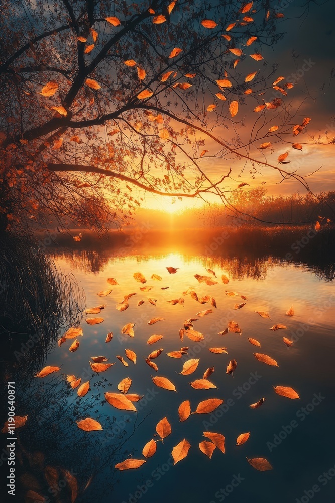 Poster a dynamic shot of golden autumn leaves clinging to branches with a backdrop of a setting sun