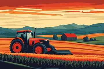 Fototapeta premium Tractor Harvesting in Sunset Landscape.