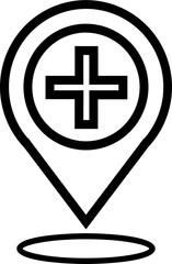 Location pin and medical cross, linear style icon. medical facility location. Editable stroke width