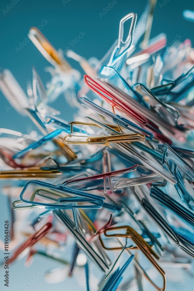 Poster a dynamic shot of paperclips being used to hold together a chaotic stack of printed spreadsheets