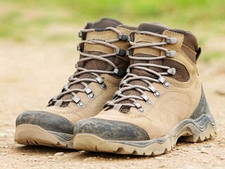 Naklejka premium Worn Hiking Boots on Trail.