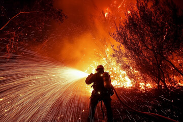 Fototapeta premium Firefighter battling wildfire at night with powerful water stream.