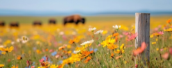 Wildflowers and Bison in a Summer Meadow