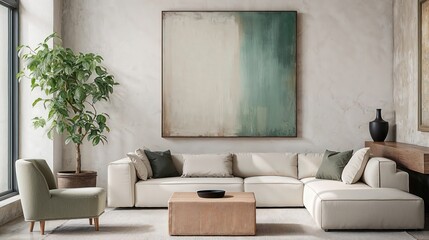 Generative AI, Minimalist living room with abstract art and natural accents