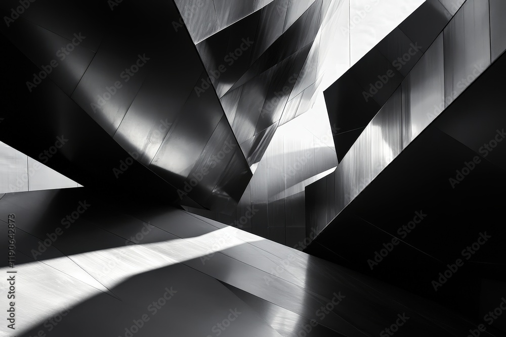 Poster a dynamic view of a metal staircase with sharp angles and shadows in a modern building