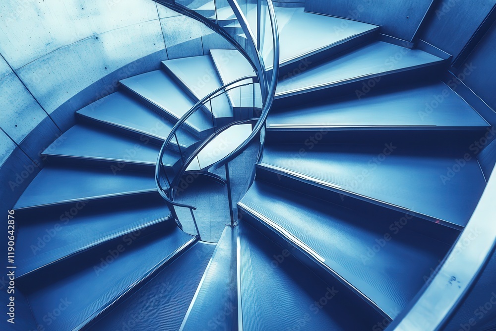 Poster a dynamic view of a metal staircase with sharp angles and shadows in a modern building