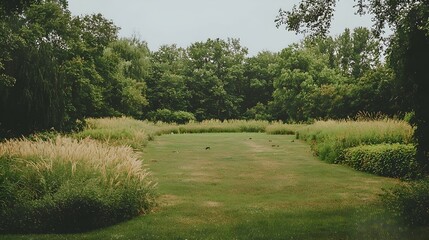 Serene grassy field bordered by lush greenery and trees. Tranquil landscape photo perfect for nature lovers.