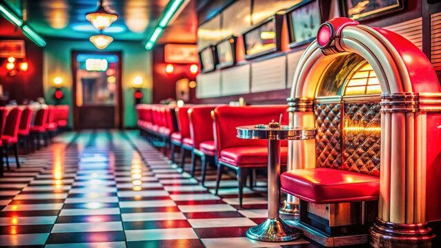 Classic American Diner Retro Jukebox Red Booths Checkerboard Floor Nostalgia