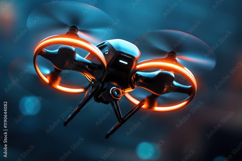 Poster a futuristic image of a drone flying with propellers spinning in sharp detail