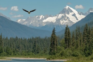 Naklejka premium Majestic bald eagle in flight over a serene river and snow-capped mountains.