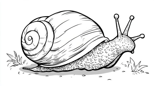 Black And White Line Art Drawing Of Garden Snail Cartoon Style Illustration for Kids And