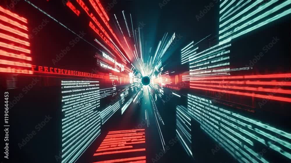Poster futuristic digital tunnel glowing text and vibrant colors create sense of speed and motion in abstra