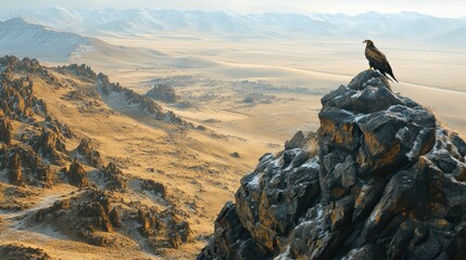 A golden eagle perched on a rocky crag overlooking the steppes of Mongolia