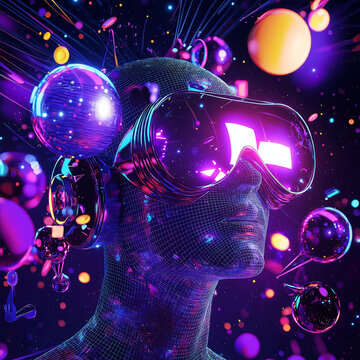 Digitales 3D-Kunstwerk eines gl&auml;sernen Kopfprofils im Retro-Cyberpunk-Stil mit VR-Brille und leuchtenden Kugeln