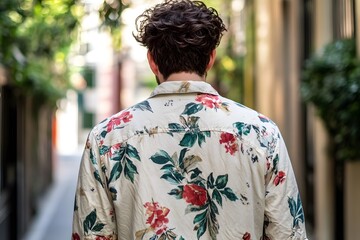 Fototapeta premium Man in Floral Shirt Walking Down City Street