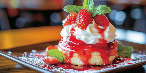 Florida strawberries take center stage in a gourmet dessert, with a strawberry shortcake adorned with whipped cream and mint leaves, served on a rustic wooden table for a natural, fresh touch.