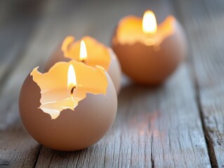 Creating warmth and charm with handmade eggshell candles on a rustic wooden table in a cozy setting. For easter