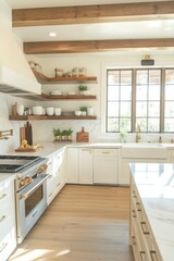 A minimalist kitchen with white cabinets, open shelving, and a marble countertop, illuminated by natural light