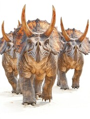 Fototapeta premium Three Triceratops Walking Forward on White Background, Majestic Dinosaurs in Motion.