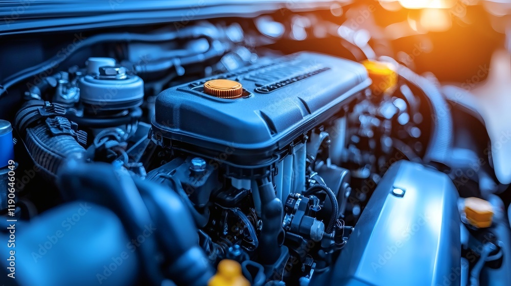 Poster Advanced vehicle components showcased in a hybrid car engine with visible mechanical and electronic integration Stock Photo with side copy space