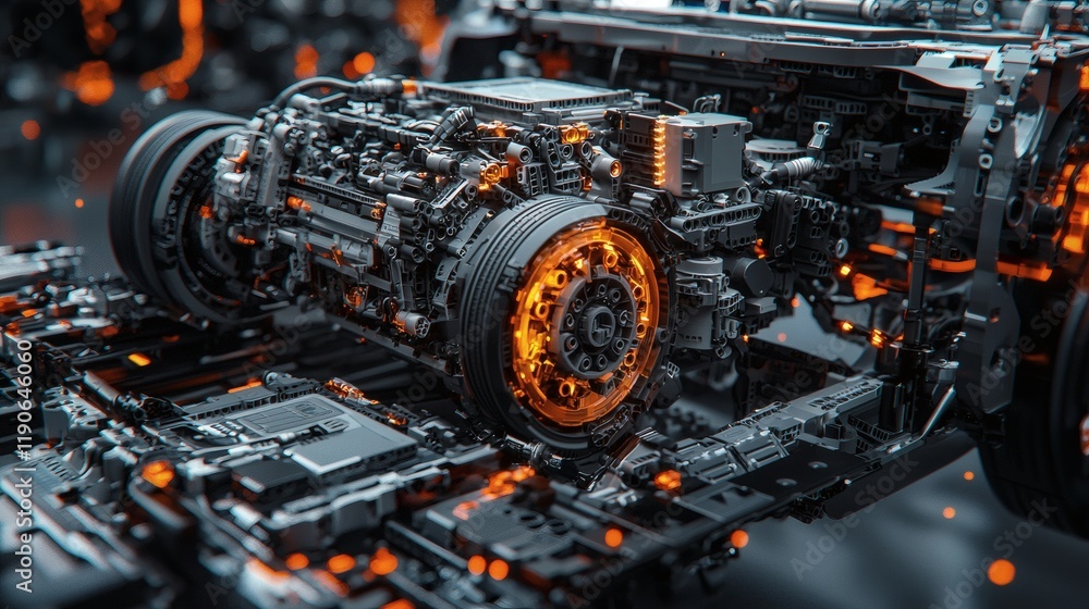 Poster Advanced vehicle components showcased in a hybrid car engine with visible mechanical and electronic integration Stock Photo with side copy space