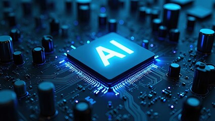 Exploring the power of artificial intelligence through intricate circuits and glowing icons in a futuristic digital landscape. global robotization