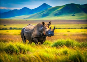 Obraz premium Majestic Black Rhino in Ngorongoro Crater, Tanzania - Tilt-Shift Photography