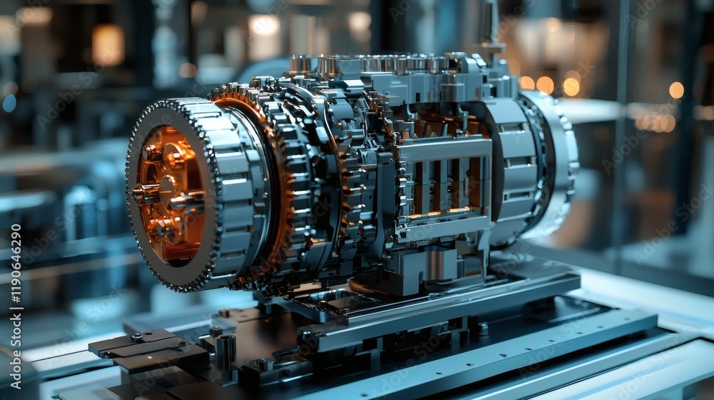 Poster Advanced vehicle components showcased in a hybrid car engine with visible mechanical and electronic integration Stock Photo with side copy space