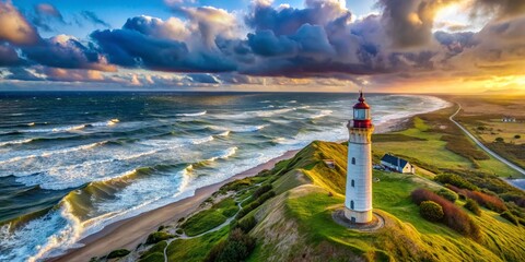 Majestic Blavand Lighthouse, Denmark: Dramatic Drone Photography of Coastal Landmark