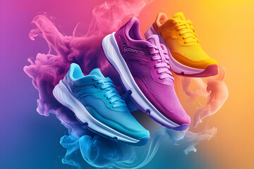 A vibrant poster showcasing junior sports sneakers in various styles, perfect for retail promotions and footwear advertisements, featuring space for copy and design elements.