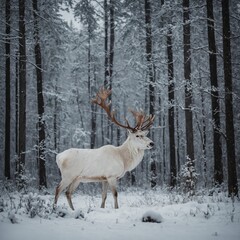 Obraz premium A stunning white reindeer standing against a snowy forest backdrop.