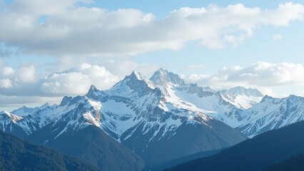 Fototapeta premium Breathtaking eye-level shot of a majestic snow-covered mountain range. Snow-draped peaks dominate the scene, inviting awe and wonder
