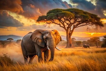 Obraz premium Majestic Elephant Dust Bath in Tanzanian Savanna: Wildlife Photography