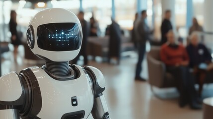 Humanoid robot showcases the future of automation in a bustling indoor waiting area. global robotization