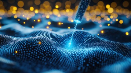 Luminous blue nanoparticles injected by nanobot into soft translucent material under dynamic light trails