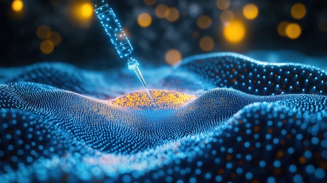 Nanobot injecting luminous blue nanoparticles into a soft, translucent material amidst vibrant light trails in a surreal high-tech environment