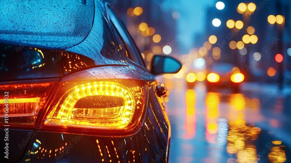 Poster Advanced vehicle components designed for adaptive headlights improving visibility and safety in night driving Stock Photo with side copy space
