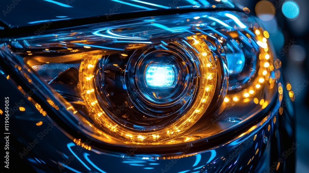 Poster Advanced vehicle components designed for adaptive headlights improving visibility and safety in night driving Stock Photo with side copy space
