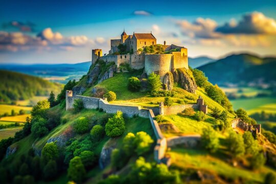 Majestic Hilltop Stone Fort: A Tilt-Shift Miniature Landscape - Powered by Adobe