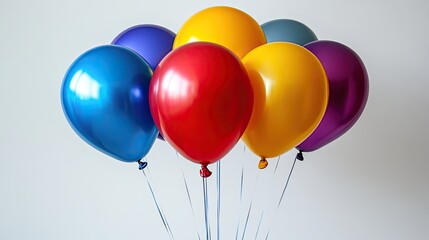 Colorful happy birthday balloons float against a white background
