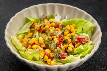 Corn salad vegetables fresh tasty food dish delicious gourmet food background on the table rustic food top view copy space keto and paleo diet Vegetarian and vegan food