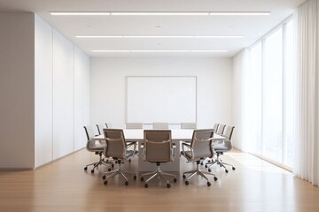 Modern professional meeting room with large windows and white walls