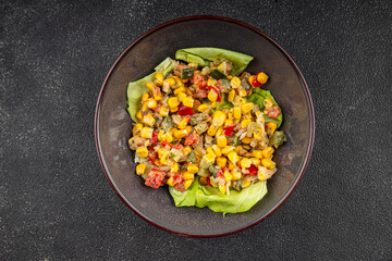Corn salad vegetables fresh tasty food dish delicious gourmet food background on the table rustic food top view copy space keto and paleo diet Vegetarian and vegan food