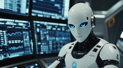 Humanoid robot analyzes global financial market trends with advanced data visualization