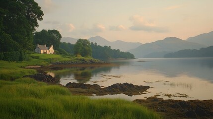 Obraz premium Serene lakeside cottage nestled amongst lush greenery and majestic mountains at sunset.