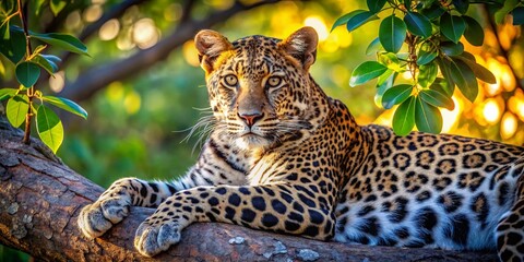 Naklejka premium Majestic Leopard Resting in Tree, Wild African Cat in Natural Habitat