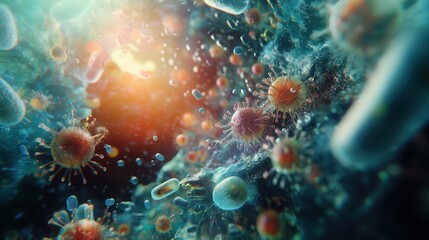 Obraz premium Brightly illuminated microscopic world where bacteria dynamically interact with antibiotics in a vivid display of life and resistance