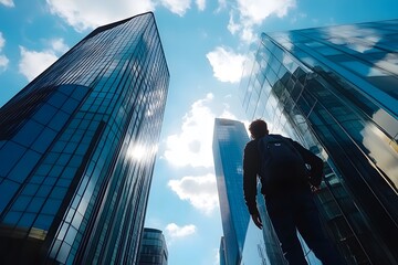 Man with Backpack Looking Up at Modern Skyscrapers