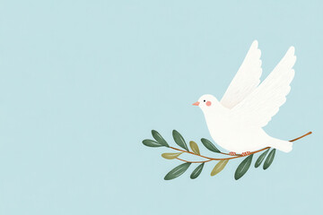 Fototapeta premium White dove illustration perched on a olive branch with light blue background