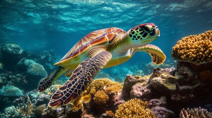 A vibrant depiction of a green sea turtle swimming through coral reefs in Southeast Asia